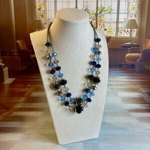0086 Trifari Double-Strand Necklace w/Blue & Black Glass Beads & Rhinestones